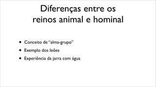 Diferenças entre os
reinos animal e hominal
• Conceito de “alma-grupo”
• Exemplo dos leões
• Experiência da jarra com água
 
