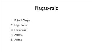 Raças-raiz
1. Polar / Chayas
2. Hiperbórea
3. Lemuriana
4. Atlante
5. Ariana
 