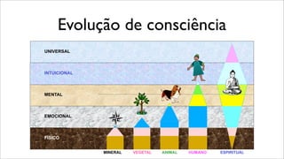 Evolução de consciência
UNIVERSAL
INTUICIONAL
MENTAL
MINERAL VEGETAL HUMANOANIMAL ESPIRITUAL
FÍSICO
EMOCIONAL
 