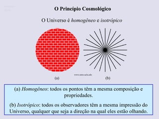 O Princípio Cosmológico O Universo é  homogêneo  e  isotrópico (a)  Homogêneo : todos os pontos têm a mesma composição e propriedades. (b)  Isotrópico : todos os observadores têm a mesma impressão do Universo, qualquer que seja a direção na qual eles estão olhando. (a)  (b) Ruth Bruno IF/UFF www.astro.ucla.edu  