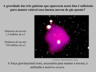 A gravidade das três galáxias que aparecem nesta foto é suficiente para manter estável essa imensa nuvem de gás quente?   A força gravitacional extra, necessária para manter a nuvem, é atribuída à  matéria escura. Diâmetro da nuvem: 1,3 milhões de a.l. Distância da nuvem: 150 milhões de a.l. Ruth Bruno IF/UFF www.fas.org/.../rst/Sect20/darkmatter_rosat.jpg  