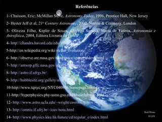 Referências 1- Chaisson, Eric; McMillan Steve,  Astronomy Today , 1996, Prentice Hall, New Jersey 2- Hester Jeff et al,  21 st  Century Astronomy , 2002, Norton & Company, London 3- Oliveira Filho, Kepler de Souza, Oliveira Saraiva, Maria de Fátima,  Astronomia e Astrofísica , 2004, Editora Livraria da Física 4-  http://chandra.havard.edu/edu/index/html 5-http://en.wikipedia.org/wiki/stellar_evolution 6- http://observe.arc.nasa.gov/nasa/space/space_index.shtml 7-  http://antwrp.gffc.nasa.gov/apod/lib/aptree.html 8-  http://astro.if.ufrgs.br/ 9-  http://hubblesite.org/gallery/album 10-http://www.tqnyc.org/NYC040808/homepage.html 11-http://hyperphysics.phy-astro.gsu.edu/hbase/hframe.html 12-  http://www.astro.ucla.edu/~wright/cosmolog.htm 13-  http://omnis.if.ufrj.br/~ioav/nota.html 14-  http://www.physics.kku.hk/ñature/cd/regular_e/index.html   Ruth Bruno IF/UFF 