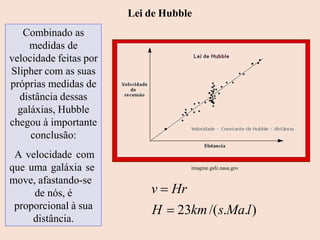 Lei de Hubble
Combinado as
medidas de
velocidade feitas por
Slipher com as suas
próprias medidas de
distância dessas
galáxias, Hubble
chegou à importante
conclusão:
A velocidade com
que uma galáxia se
move, afastando-se
de nós, é
proporcional à sua
distância.
v  Hr
H  23km/(s.Ma.l)
Ruth Bruno
IF/UFF
imagine.gsfc.nasa.gov
 