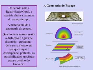 A Geometria do Espaço
De acordo com a
Relatividade Geral, a
matéria altera a natureza
do espaço-tempo.
A matéria molda a
geometria do espaço.
Quanto mais massa, maior
a distorção. O grau de
distorção –curvatura –
deve ser o mesmo em
qualquer lugar e
corresponde, portanto, às
possibilidades previstas
para o destino do
Universo.
Ruth Bruno
IF/UFF
physics.uoregon.edu
aether.lbl.gov/www/science/geometry.gif
 
