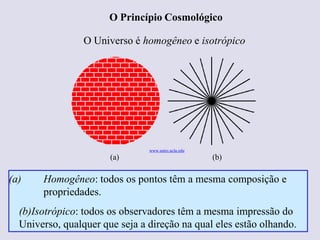 O Princípio Cosmológico
O Universo é homogêneo e isotrópico
(a) Homogêneo: todos os pontos têm a mesma composição e
propriedades.
(b)Isotrópico: todos os observadores têm a mesma impressão do
Universo, qualquer que seja a direção na qual eles estão olhando.
(a) (b)
Ruth Bruno
IF/UFF
www.astro.ucla.edu
 
