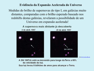Evidência da Expansão Acelerada do Universo
Medidas do brilho de supernovas do tipo I, em galáxias muito
distantes, comparadas com o brilho esperado baseado nos
redshifts destas galáxias, revelaram a possibilidade de um
Universo em expansão acelerada!
Ruth Bruno
IF/UFF
msowww.anu.edu.au
 