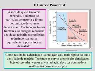 O Universo Primordial
Á medida que o Universo
expandiu, o número de
partículas de matéria e fótons
por unidade de volume
decresceram. Contudo, os fótons
tiveram suas energias reduzidas
devido ao redshift cosmológico,
reduzindo sua massa
equivalente, e portanto, sua
densidade.
Como resultado, a densidade da radiação caiu mais rápido do que a
densidade de matéria. Traçando as curvas a partir das densidades
hoje observadas, vemos que a radiação deve ter dominado a
matéria nos primeiros tempos
Ruth Bruno
IF/UFF
physics.uoregon.edu/
 