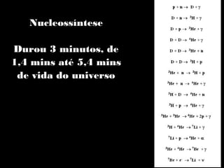Nucleossíntese
Durou 3 minutos, de
1,4 mins até 5,4 mins
de vida do universo
 