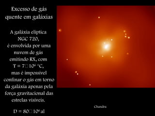 Excesso de gás
quente em galáxias
A galáxia elíptica
NGC 720,
é envolvida por uma
nuvem de gás
emitindo RX, com
T = 7106
°C,
mas é impossível
confinar o gás em torno
da galáxia apenas pela
força gravitacional das
estrelas visíveis.
D = 80106
al
Chandra
 