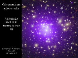 Gás quente em
aglomerados
Aglomerado
Abell 1698
Enorme halo de
RX
(Composição de imagens
Ótico e RX
HST e Chandra)
 