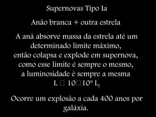 Supernovas Tipo Ia
Anão branca + outra estrela
A anã absorve massa da estrela até um
determinado limite máximo,
então colapsa e explode em supernova,
como esse limite é sempre o mesmo,
a luminosidade é sempre a mesma
L  10109
L
Ocorre um explosão a cada 400 anos por
galáxia.
 