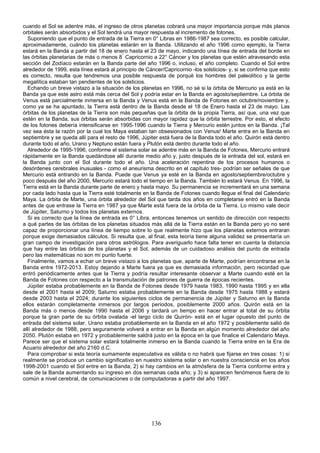 cuando el Sol se adentre más, el ingreso de otros planetas cobrará una mayor importancia porque más planos
orbitales serán absorbidos y el Sol tendrá una mayor respuesta al incremento de fotones.
  Suponiendo que el punto de entrada de la Tierra en 0° Libras en 1986-1987 sea correcto, es posible calcular,
aproximadamente, cuándo los planetas estarán en la Banda. Utilizando el año 1996 como ejemplo, la Tierra
estará en la Banda a partir del 18 de enero hasta el 23 de mayo, indicando una línea de entrada del borde en
las órbitas planetarias de más o menos 8° Capricornio a 22° Cáncer y los planetas que estén atravesando esta
sección del Zodíaco estarán en la Banda parte del año 1996 o, incluso, el año completo. Cuando el Sol entre
alrededor de 1999, esta línea estará al principio de Cáncer/Capricornio -los solsticios- y, si se confirma que esto
es correcto, resulta que tendremos una posible respuesta de porqué los hombres del paleolítico y la gente
megalítica estaban tan pendientes de los solsticios.
  Echando un breve vistazo a la situación de los planetas en 1996, no sé si la órbita de Mercurio ya está en la
Banda ya que este astro está más cerca del Sol y podría estar en la Banda en agosto/septiembre. La órbita de
Venus está parcialmente inmersa en la Banda y Venus está en la Banda de Fotones en octubre/noviembre y,
como ya se ha apuntado, la Tierra está dentro de la Banda desde el 18 de Enero hasta el 23 de mayo. Las
órbitas de los planetas de la Tierra son más pequeñas que la órbita de la propia Tierra, así que, una vez que
estén en la Banda, sus órbitas serán absorbidas con mayor rapidez que la órbita terrestre. Por esto, el efecto
de los fotones debería intensificarse en 1995-1996 cuando la Tierra y Mercurio estén juntos en la Banda. ¡Tal
vez sea ésta la razón por la cual los Maya estaban tan obsesionados con Venus! Marte entra en la Banda en
septiembre y se queda allí para el resto de 1996, Júpiter está fuera de la Banda todo el año. Quirón está dentro
durante todo el año, Urano y Neptuno están fuera y Plutón está dentro durante todo el año.
  Alrededor de 1995-1996, conforme el sistema solar se adentre más en la Banda de Fotones, Mercurio entrará
rápidamente en la Banda quedándose allí durante medio año y, justo después de la entrada del sol, estará en
la Banda junto con el Sol durante todo el año. Una aceleración repentina de los procesos humanos o
desórdenes cerebrales inusuales - como el aneurisma descrito en el capítulo tres- podrían ser señales de que
Mercurio está entrando en la Banda. Puede que Venus ya esté en la Banda en agosto/septiembre/octubre y
poco después del año 2000, Mercurio estará todo el tiempo en la Banda. También lo estará Venus. En 1996, la
Tierra está en la Banda durante parte de enero y hasta mayo. Su permanencia se incrementará en una semana
por cada lado hasta que la Tierra esté totalmente en la Banda de Fotones cuando llegue el final del Calendario
Maya. La órbita de Marte, una órbita alrededor del Sol que tarda dos años en completarse entró en la Banda
antes de que entrase la Tierra en 1987 ya que Marte está fuera de la órbita de la Tierra. Lo mismo vale decir
de Júpiter, Saturno y todos los planetas externos.
  Si es correcto que la línea de entrada es 0° Libra, entonces tenemos un sentido de dirección con respecto
a qué partes de las órbitas de los planetas situados más allá de la Tierra están en la Banda pero yo no seré
capaz de proporcionar una línea de tiempo sobre lo que realmente hizo que los planetas externos entraran
porque exige demasiados cálculos. Si resulta que, al final, esta teoría tiene alguna validez se presentaría un
gran campo de investigación para otros astrólogos. Para averiguarlo hace falta tener en cuenta la distancia
que hay entre las órbitas de los planetas y el Sol, además de un cuidadoso análisis del punto de entrada
pero las matemáticas no son mi punto fuerte.
  Finalmente, vamos a echar un breve vistazo a los planetas que, aparte de Marte, podrían encontrarse en la
Banda entre 1972-2013. Estoy dejando a Marte fuera ya que es demasiada información, pero recordad que
entró periódicamente antes que la Tierra y podría resultar interesante observar a Marte cuando esté en la
Banda de Fotones con respecto a la transmutación de patrones de guerra de épocas recientes.
  Júpiter estaba probablemente en la Banda de Fotones desde 1979 hasta 1983, 1990 hasta 1995 y en ella
desde el 2001 hasta el 2009; Saturno estaba probablemente en la Banda desde 1975 hasta 1988 y estará
desde 2003 hasta el 2024; durante los siguientes ciclos de permanencia de Júpiter y Saturno en la Banda
ellos estarán completamente inmersos por largos periodos, posiblemente 2000 años. Quirón está en la
Banda más o menos desde 1990 hasta el 2006 y tardará un tiempo en hacer entrar al total de su órbita
porque la gran parte de su órbita ovalada -el largo ciclo de Quirón- está en el lugar opuesto del punto de
entrada del sistema solar. Urano estaba probablemente en la Banda en el año 1972 y posiblemente salió de
allí alrededor de 1988, pero seguramente volverá a entrar en la Banda en algún momento alrededor del año
2050. Plutón estaba en 1972 y probablemente saldrá justo en la época en la que finalice el Calendario Maya.
Parece ser que el sistema solar estará totalmente inmerso en la Banda cuando la Tierra entre en la Era de
Acuario alrededor del año 2160 d.C.
  Para comprobar si esta teoría sumamente especulativa es válida o no habrá que fijarse en tres cosas: 1) si
realmente se produce un cambio significativo en nuestro sistema solar o en nuestra consciencia en los años
1998-2001 cuando el Sol entre en la Banda; 2) si hay cambios en la atmósfera de la Tierra conforme entra y
sale de la Banda aumentando su ingreso en dos semanas cada año; y 3) si aparecen fenómenos fuera de lo
común a nivel cerebral, de comunicaciones o de computadoras a partir del año 1997.




                                                       136
 