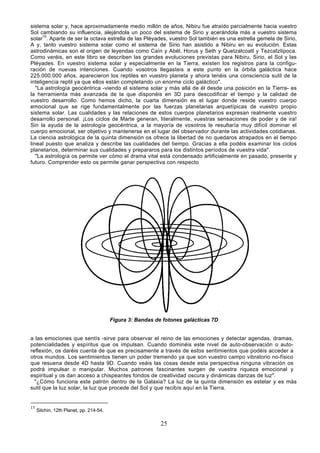 sistema solar y, hace aproximadamente medio millón de años, Nibiru fue atraído parcialmente hacia vuestro
Sol cambiando su influencia, alejándola un poco del sistema de Sirio y acerándola más a vuestro sistema
solar15. Aparte de ser la octava estrella de las Pléyades, vuestro Sol también es una estrella gemela de Sirio,
A y, tanto vuestro sistema solar como el sistema de Sirio han asistido a Nibiru en su evolución. Estas
astrodinámicas son el origen de leyendas como Caín y Abél, Horus y Seth y Quetzalcoatl y Tezcatzlipoca.
Como veréis, en este libro se describen las grandes evoluciones previstas para Nibiru, Sirio, el Sol y las
Pléyades. En vuestro sistema solar y especialmente en la Tierra, existen los registros para la configu-
ración de nuevas intenciones. Cuando vosotros llegasteis a este punto en la órbita galáctica hace
225.000.000 años, aparecieron los reptiles en vuestro planeta y ahora tenéis una consciencia sutil de la
inteligencia reptil ya que ellos están completando un enorme ciclo galáctico".
   "La astrología geocéntrica -viendo el sistema solar y más allá de él desde una posición en la Tierra- es
la herramienta más avanzada de la que disponéis en 3D para descodificar el tiempo y la calidad de
vuestro desarrollo. Como hemos dicho, la cuarta dimensión es el lugar donde reside vuestro cuerpo
emocional que se rige fundamentalmente por las fuerzas planetarias arquetípicas de vuestro propio
sistema solar. Las cualidades y las relaciones de estos cuerpos planetarios expresan realmente vuestro
desarrollo personal. ¡Los ciclos de Marte generan, literalmente, vuestras sensaciones de poder y de ira!
Sin la ayuda de la astrología geocéntrica, a la mayoría de vosotros le resultaría muy difícil dominar el
cuerpo emocional, ser objetivo y mantenerse en el lugar del observador durante las actividades cotidianas.
La ciencia astrológica de la quinta dimensión os ofrece la libertad de no quedaros atrapados en el tiempo
lineal puesto que analiza y describe las cualidades del tiempo. Gracias a ella podéis examinar los ciclos
planetarios, determinar sus cualidades y prepararos para los distintos períodos de vuestra vida".
   "La astrología os permite ver cómo el drama vital está condensado artificialmente en pasado, presente y
futuro. Comprender esto os permite ganar perspectiva con respecto




                                         Figura 3: Bandas de fotones galácticas 7D


a las emociones que sentís -sirve para observar el reino de las emociones y detectar agendas, dramas,
potencialidades y espíritus que os impulsan. Cuando dominéis este nivel de auto-observación o auto-
reflexión, os daréis cuenta de que es precisamente a través de estos sentimientos que podéis acceder a
otros mundos. Los sentimientos tienen un poder tremendo ya que son vuestro campo vibratorio no-físico
que resuena desde 4D hasta 9D. Cuando veáis las cosas desde esta perspectiva ninguna vibración os
podrá impulsar o manipular. Muchos patrones fascinantes surgen de vuestra riqueza emocional y
espiritual y os dan acceso a chispeantes fondos de creatividad oscura y dinámicas danzas de luz".
  "¿Cómo funciona este patrón dentro de la Galaxia? La luz de la quinta dimensión es estelar y es más
sutil que la luz solar, la luz que procede del Sol y que recibís aquí en la Tierra.


15
     Sitchin, 12th Planet, pp. 214-54.

                                                            25
 