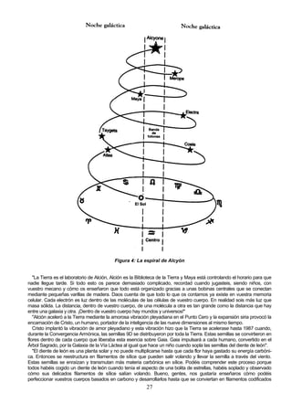 Figura 4: La espiral de Alcyón


   "La Tierra es el laboratorio de Alción, Alción es la Biblioteca de la Tierra y Maya está controlando el horario para que
nadie llegue tarde. Si todo esto os parece demasiado complicado, recordad cuando jugasteis, siendo niños, con
vuestro mecano y cómo os enseñaron que todo está organizado gracias a unas bobinas centrales que se conectan
mediante pequeñas varillas de madera. Daos cuenta de que todo lo que os contamos ya existe en vuestra memoria
celular. Cada electrón es luz dentro de las moléculas de las células de vuestro cuerpo. En realidad sois más luz que
masa sólida. La distancia, dentro de vuestro cuerpo, de una molécula a otra es tan grande como la distancia que hay
entre una galaxia y otra. ¡Dentro de vuestro cuerpo hay mundos y universos!"
   "Alción aceleró a la Tierra mediante la amorosa vibración pleyadiana en el Punto Cero y la expansión siria provocó la
encarnación de Cristo, un humano, portador de la inteligencia de las nueve dimensiones al mismo tiempo.
   Cristo implantó la vibración de amor pleyadiano y esta vibración hizo que la Tierra se acelerase hasta 1987 cuando,
durante la Convergencia Armónica, las semillas 9D se distribuyeron por toda la Tierra. Estas semillas se convirtieron en
flores dentro de cada cuerpo que liberaba esta esencia sobre Gaia. Gaia impulsará a cada humano, convertido en el
Árbol Sagrado, por la Galaxia de la Vía Láctea al igual que hace un niño cuando sopla las semillas del diente de león".
   "El diente de león es una planta solar y no puede multiplicarse hasta que cada flor haya gastado su energía carbóni-
ca. Entonces se reestructura en filamentos de sílice que pueden salir volando y llevar la semilla a través del viento.
Estas semillas se enraízan y transmutan más materia carbónica en sílice. Podéis comprender este proceso porque
todos habéis cogido un diente de león cuando tenía el aspecto de una bolita de estrellas, habéis soplado y observado
cómo sus delicados filamentos de sílice salían volando. Bueno, gentes, nos gustaría enseñaros cómo podéis
perfeccionar vuestros cuerpos basados en carbono y desarrollarlos hasta que se conviertan en filamentos codificados
                                                           27
 