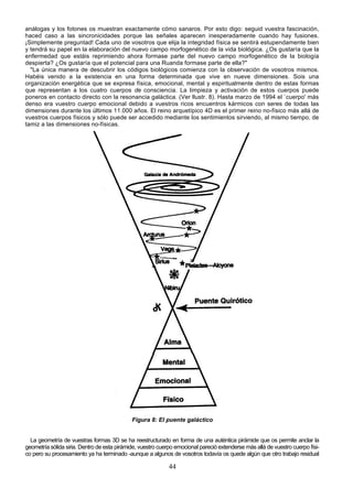 análogas y los fotones os muestran exactamente cómo sanaros. Por esto digo: seguid vuestra fascinación,
haced caso a las sincronicidades porque las señales aparecen inesperadamente cuando hay fusiones.
¡Simplemente preguntad! Cada uno de vosotros que elija la integridad física se sentirá estupendamente bien
y tendrá su papel en la elaboración del nuevo campo morfogenético de la vida biológica. ¿Os gustaría que la
enfermedad que estáis reprimiendo ahora formase parte del nuevo campo morfogenético de la biología
despierta? ¿Os gustaría que el potencial para una Ruanda formase parte de ella?"
  "La única manera de descubrir los códigos biológicos comienza con la observación de vosotros mismos.
Habéis venido a la existencia en una forma determinada que vive en nueve dimensiones. Sois una
organización energética que se expresa física, emocional, mental y espiritualmente dentro de estas formas
que representan a los cuatro cuerpos de consciencia. La limpieza y activación de estos cuerpos puede
poneros en contacto directo con la resonancia galáctica. (Ver llustr. 8). Hasta marzo de 1994 el `cuerpo' más
denso era vuestro cuerpo emocional debido a vuestros ricos encuentros kármicos con seres de todas las
dimensiones durante los últimos 11.000 años. El reino arquetípico 4D es el primer reino no-físico más allá de
vuestros cuerpos físicos y sólo puede ser accedido mediante los sentimientos sirviendo, al mismo tiempo, de
tamiz a las dimensiones no-físicas.




                                             Figura 8: El puente galáctico


  La geometría de vuestras formas 3D se ha reestructurado en forma de una auténtica pirámide que os permite anclar la
geometría sólida siria. Dentro de esta pirámide, vuestro cuerpo emocional pareció extenderse más allá de vuestro cuerpo físi-
co pero su procesamiento ya ha terminado -aunque a algunos de vosotros todavía os quede algún que otro trabajo residual

                                                             44
 