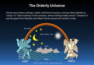 © ABCC Australia 2015 new-physics.com
Enuma Elish
When in the height heaven was not named,
And the earth beneath did not yet bear a name,
And the primeval Apsu, who begat them,
And chaos, Tiamut, the mother of them both
Their waters were mingled together;
And no field was formed, no marsh was to be seen;
When of the gods none had been called into being,
And none bore a name, and no destinies were ordained;
Then were created the gods, [all. of them]
 