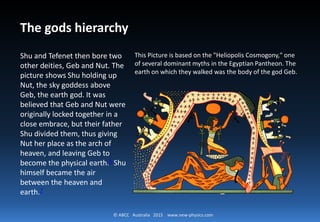 © ABCC Australia 2015 new-physics.com
Egyptian Creation Myth
In ancient Egypt, there were
many accounts of the creation
of the world. But in all the
accounts, the world was said to
have arisen out of the infinite
lifeless waters of chaos in “the
first occasion”.
It became an important part of
the ritual that the sun rises over
the circular mound of creation
as goddesses pour out the
primeval waters around it.
Allen, James P. (2000). Middle Egyptian: An
Introduction to the Language and Culture of
Hieroglyphs. Cambridge University Press. p. 466.
ISBN 0-521-77483-7.
 