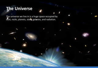 © ABCC Australia 2015 new-physics.com
The Universe
The universe we live in is a huge space occupied by
dust, rocks, planets, stars, galaxies, and radiation.
 