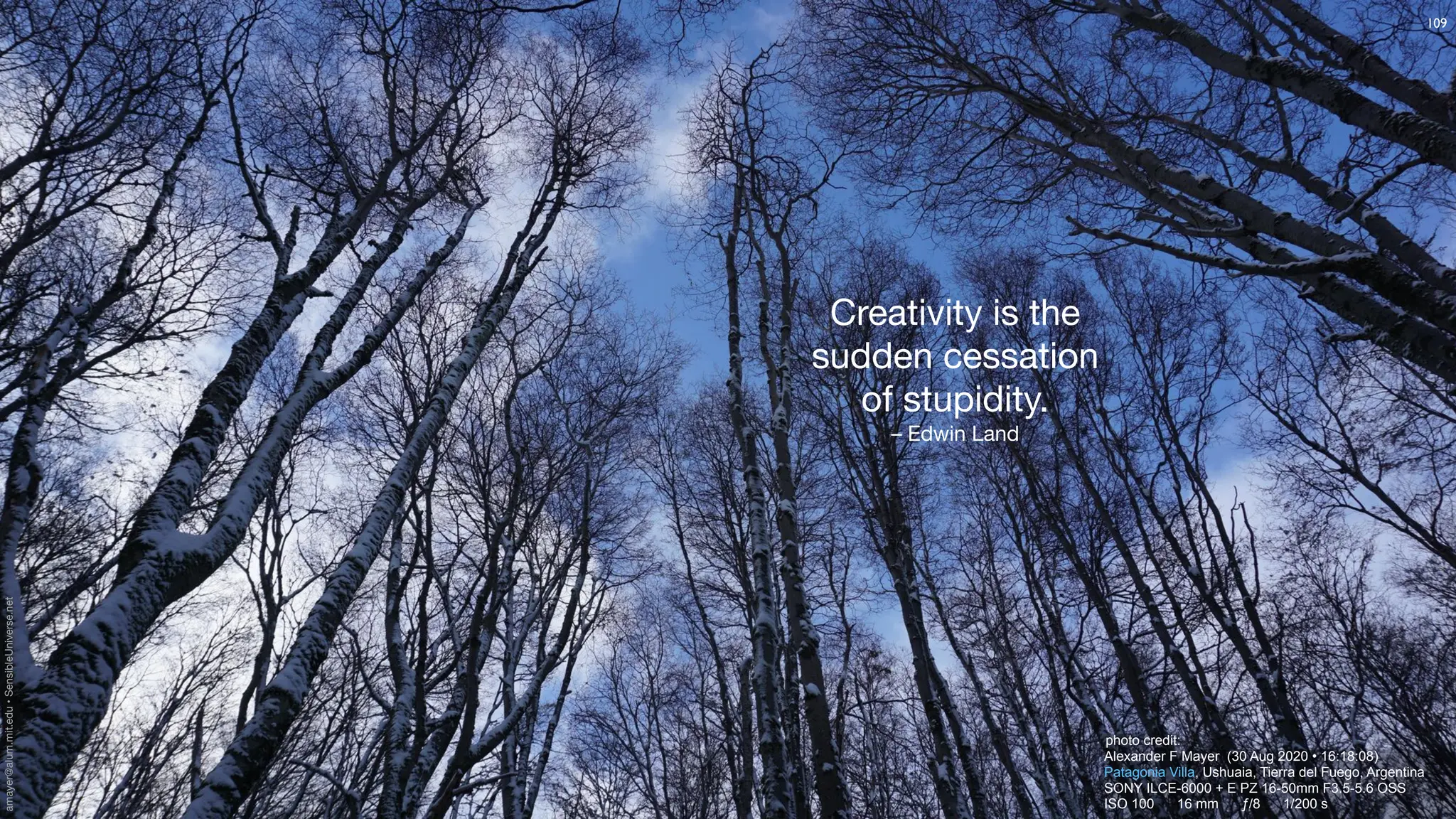 Creativity is the
sudden cessation
of stupidity.
– Edwin Land
photo credit:
Alexander F Mayer (30 Aug 2020 • 16:18:08)
Patagonia Villa, Ushuaia, Tierra del Fuego, Argentina
SONY ILCE-6000 + E PZ 16-50mm F3.5-5.6 OSS
ISO 100 16 mm ƒ/8 1/200 s
109
amayer@alum.mit.edu
•
SensibleUniverse.net
 