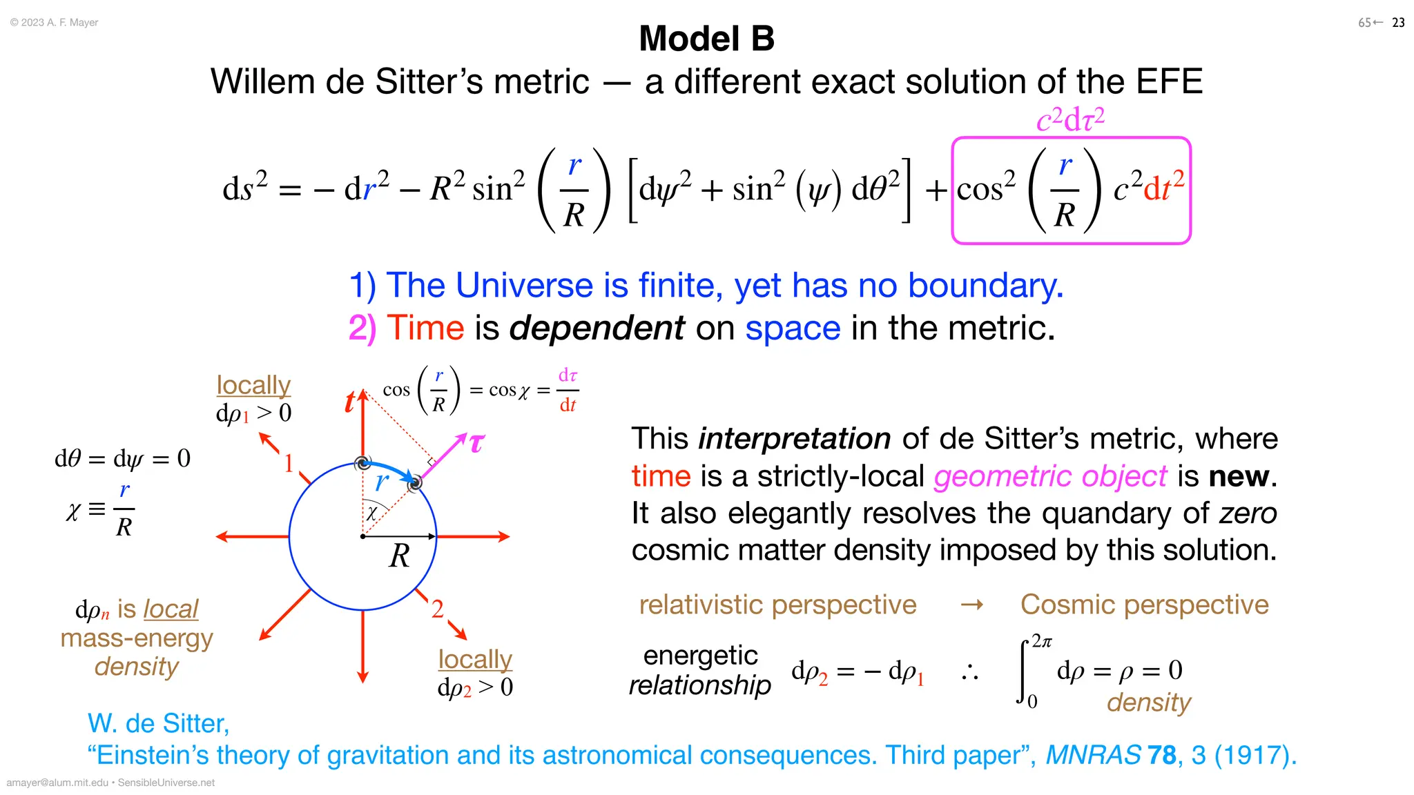 W. de Sitter,
“Einstein’s theory of gravitation and its astronomical consequences. Third paper”, MNRAS 78, 3 (1917).
Model B
Willem de Sitter’s metric — a different exact solution of the EFE
23
This interpretation of de Sitter’s metric, where
time is a strictly-local geometric object is new.
It also elegantly resolves the quandary of zero
cosmic matter density imposed by this solution.
amayer@alum.mit.edu • SensibleUniverse.net
dρ2 = − dρ1 ∴
∫
2π
0
dρ = ρ = 0
Cosmic perspective
relativistic perspective
density
ds2
= − dr2
− R2
sin2
(
r
R) [dψ2
+ sin2
(ψ) dθ2
] + cos2
(
r
R )
c2
dt2
c2dτ2
locally
dρ1 > 0
locally
dρ2 > 0
dρn is local
mass-energy
density
t
τ
r
R
1
2
cos
(
r
R)
= cos χ =
dτ
dt
energetic
relationship
→
1) The Universe is
fi
nite, yet has no boundary.
2) Time is dependent on space in the metric.
© 2023 A. F. Mayer 65←
·
R = 0
χ
dθ = dψ = 0
χ ≡
r
R
 