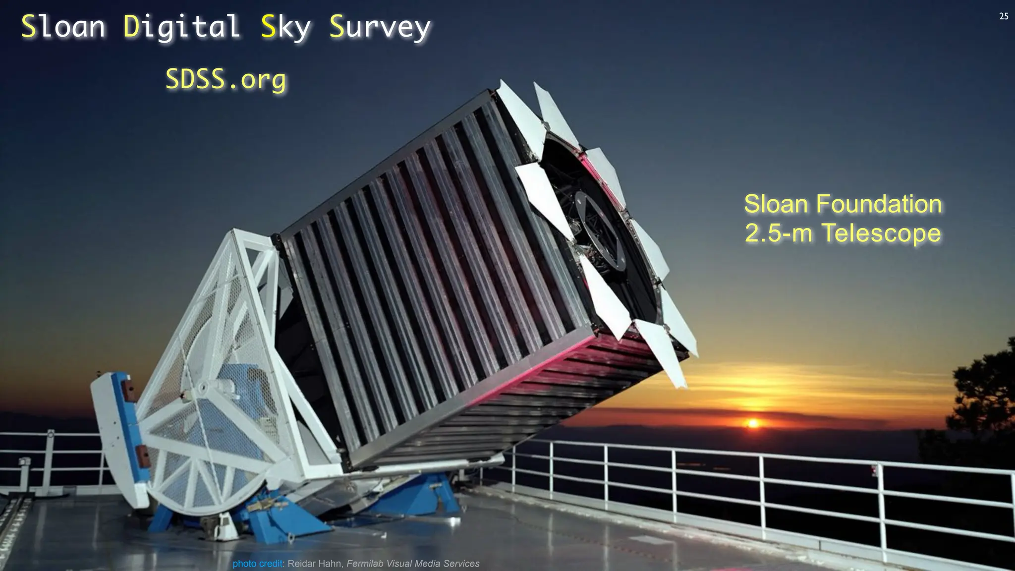 photo credit: Reidar Hahn, Fermilab Visual Media Services
Sloan Foundation
2.5-m Telescope
Sloan Digital Sky Survey
SDSS.org
25
 