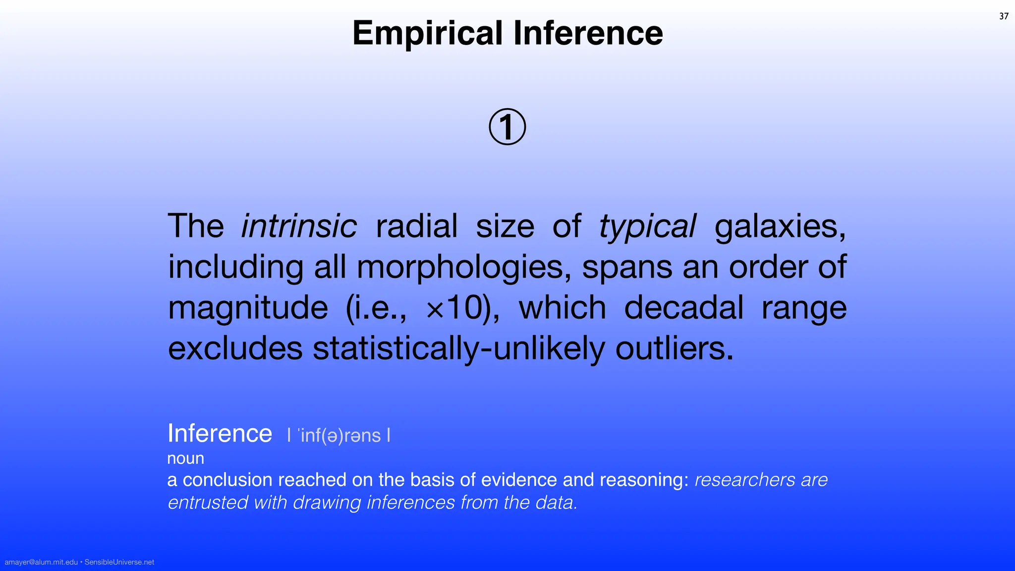 The intrinsic radial size of typical galaxies,
including all morphologies, spans an order of
magnitude (i.e., ×10), which decadal range
excludes statistically-unlikely outliers.
①
37
Empirical Inference
Inference | ˈinf(ə)rəns |
noun
a conclusion reached on the basis of evidence and reasoning: researchers are
entrusted with drawing inferences from the data.
amayer@alum.mit.edu • SensibleUniverse.net
 
