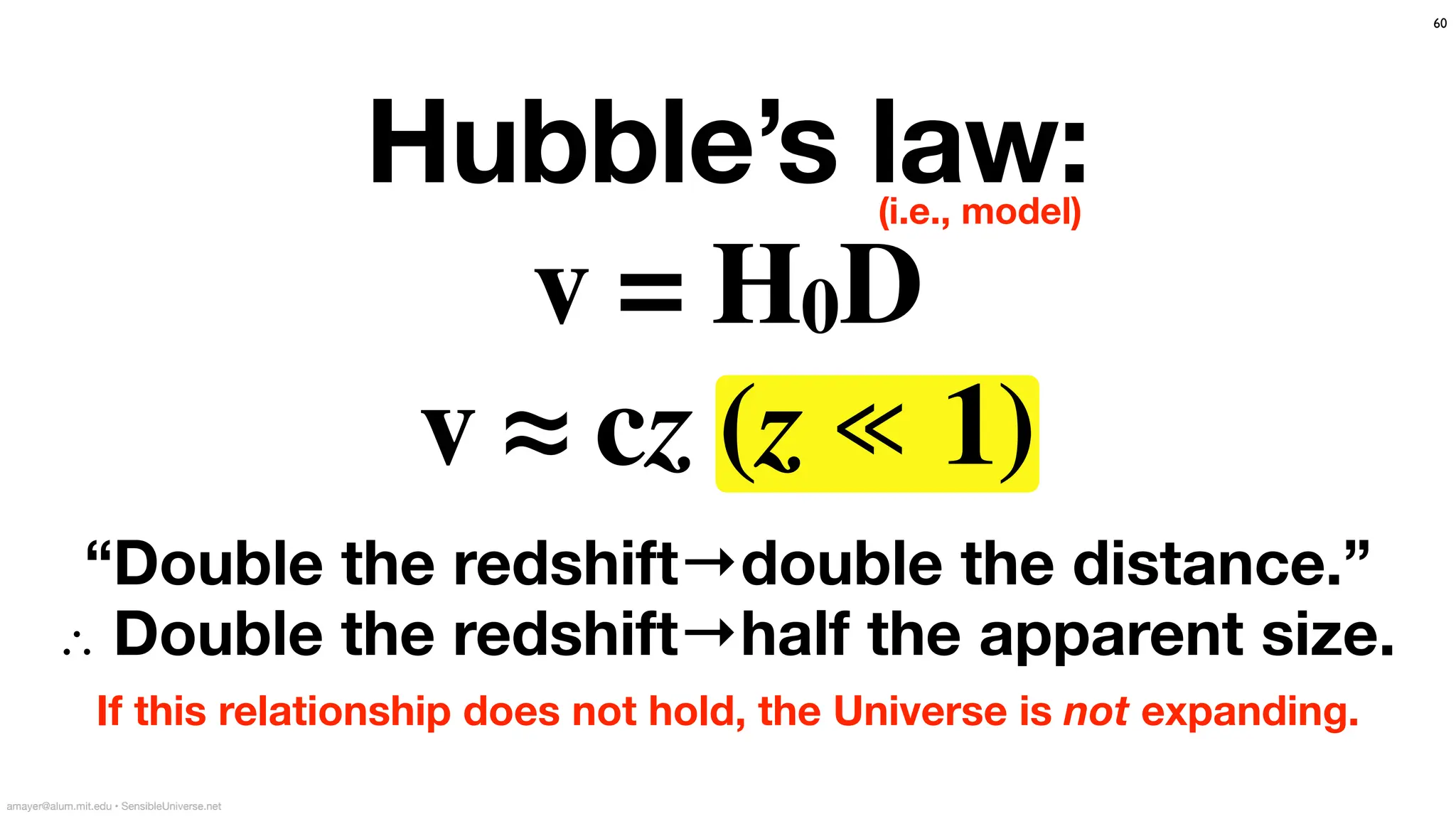 Hubble’s law:
v = H0D
v ≈ cz (z ≪ 1)
“Double the redshift→double the distance.”
60
If this relationship does not hold, the Universe is not expanding.
(i.e., model)
amayer@alum.mit.edu • SensibleUniverse.net
∴ Double the redshift→half the apparent size.
 