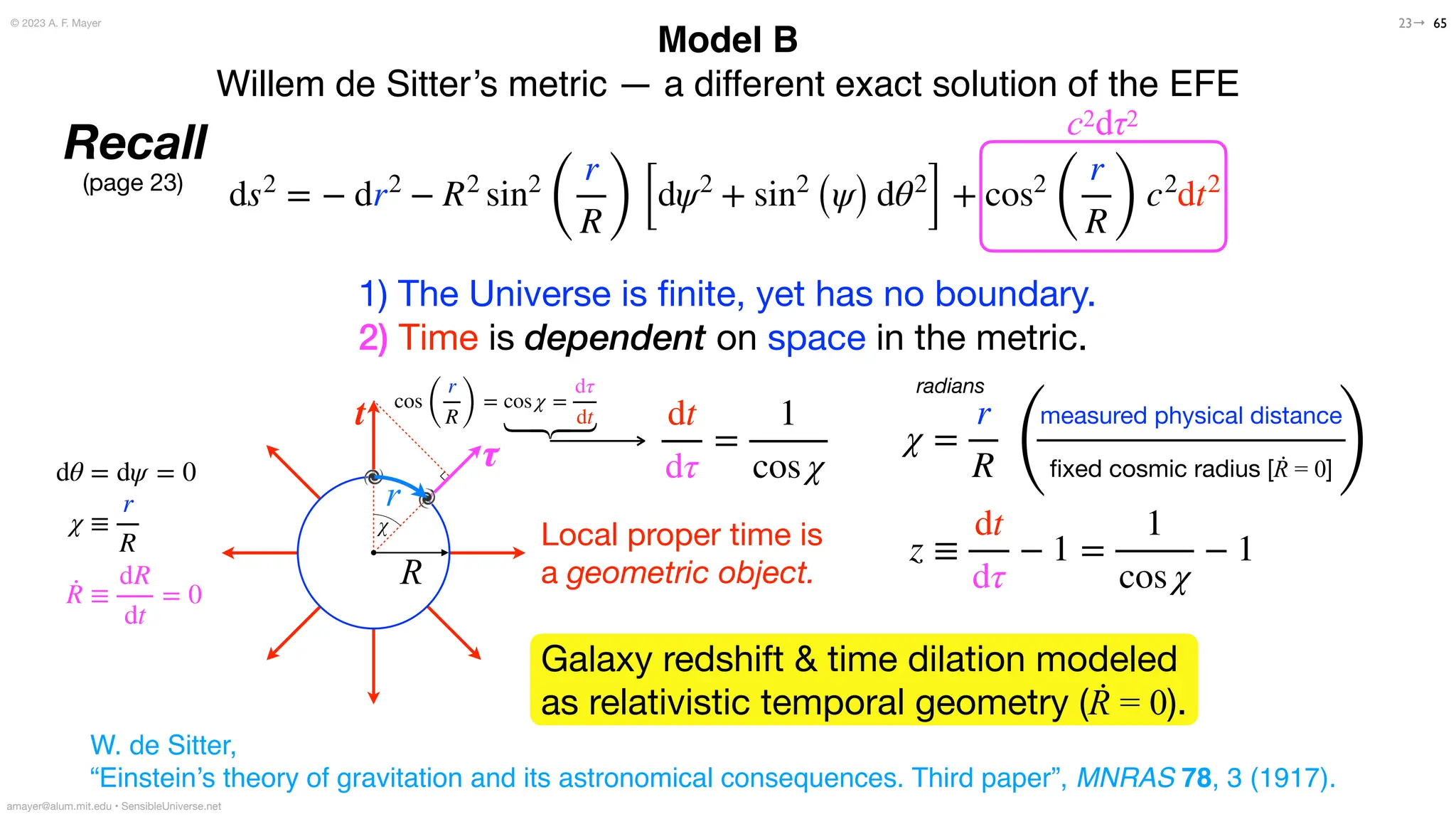 dt
dτ
=
1
cos χ
65
Galaxy redshift & time dilation modeled
as relativistic temporal geometry (
Ṙ
= 0).
χ =
r
R
z ≡
dt
dτ
− 1 =
1
cos χ
− 1
Local proper time is
a geometric object.
W. de Sitter,
“Einstein’s theory of gravitation and its astronomical consequences. Third paper”, MNRAS 78, 3 (1917).
amayer@alum.mit.edu • SensibleUniverse.net
(
x
x
x )
measured physical distance
fi
xed cosmic radius [
Ṙ
= 0]
Model B
Willem de Sitter’s metric — a different exact solution of the EFE
Recall
(page 23)
1) The Universe is
fi
nite, yet has no boundary.
2) Time is dependent on space in the metric.
ds2
= − dr2
− R2
sin2
(
r
R) [dψ2
+ sin2
(ψ) dθ2
] + cos2
(
r
R )
c2
dt2
c2dτ2
radians
t
τ
r
R
© 2023 A. F. Mayer 23→
dθ = dψ = 0
χ ≡
r
R
·
R ≡
dR
dt
= 0
cos
(
r
R)
= cos χ =
dτ
dt
⎧
⎨
⎩
χ
 
