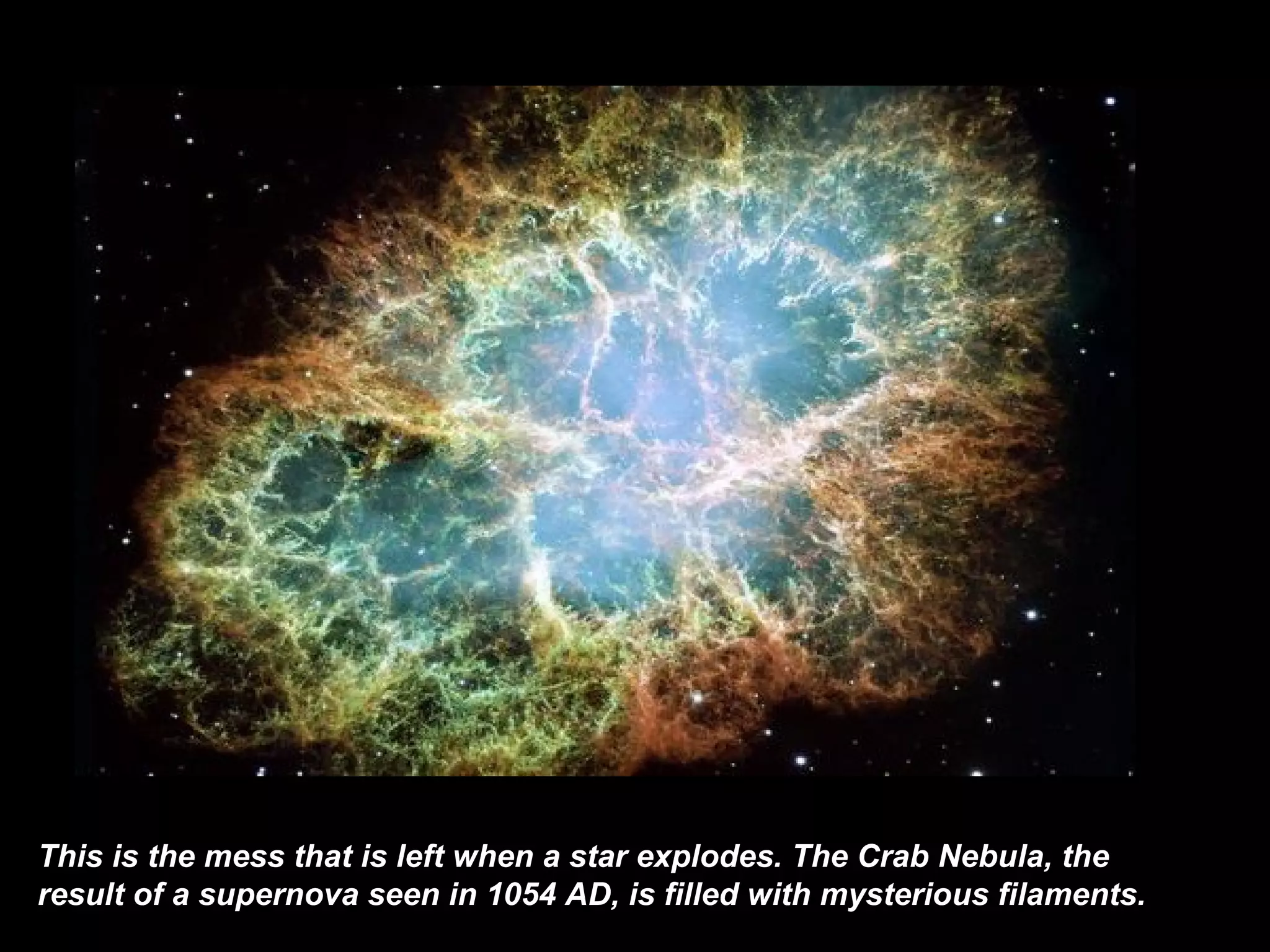 This is the mess that is left when a star explodes. The Crab Nebula, the result of a supernova seen in 1054 AD, is filled with mysterious filaments.  