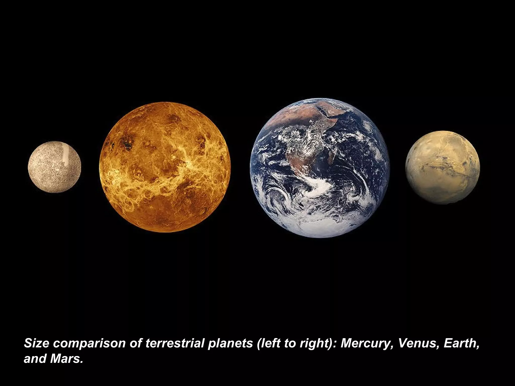 Size comparison of terrestrial planets (left to right): Mercury, Venu s , Earth, and Mars.  