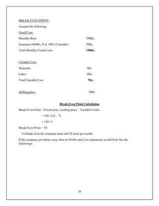 16
BREAK EVEN POINT:
Assume the following:
Fixed Cost:
Monthly Rent: 100Rs.
Insurance (600Rs. P.A. 600/12 months) 50Rs.
Total Monthly Fixed Costs 150Rs.
Variable Cost:
Materials 3Rs.
Labor 6Rs.
Total Variable Cost 7Rs.
Selling price: 10Rs.
Break Even Point Calculation
Break Even Point = Fixed costs / (selling price – Variable Costs)
= 150 / (10 – 7)
= 150 / 3
Break Even Point = 50
To break even the company must sell 50 units per month.
If the company just broke even, then its Profits and Loss statements would look like the
followings:
 