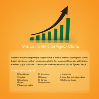 Cresça no ritmo de Águas Claras.

Investir em uma região que cresce noite e dia é a melhor opção para quem
busca sempre o melhor em seus negócios. Ser cosmopolita é ser valorizado
e saber o que valorizar. Cosmopolita é crescer no ritmo de Águas Claras.

Infraestrutura Atual
    • 03 Faculdades      • 03 Shoppings     • 14 Academias
    • 11 Escolas         • 10 Bancos        • 01 Mega Store de Informática
    • 09 Escolas de      • 50 Bares e       • 23 Salões de Beleza
     Idiomas              Restaurantes
    • 07 Supermercados
 