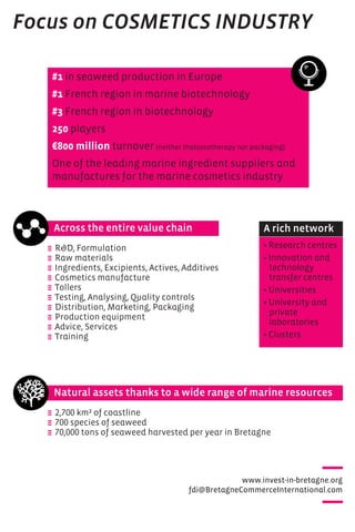 www.invest-in-bretagne.org
fdi@BretagneCommerceInternational.com
Focus on COSMETICS INDUSTRY
#1 in seaweed production in Europe
#1 French region in marine biotechnology
#3 French region in biotechnology
250 players
€800 million turnover (neither thalassotherapy nor packaging)
One of the leading marine ingredient suppliers and
manufactures for the marine cosmetics industry
• Research centres
• Innovation and
technology
transfer centres
• Universities
• University and
private
laboratories
• Clusters
A rich network
Natural assets thanks to a wide range of marine resources
e 2,700 km² of coastline
e 700 species of seaweed
e 70,000 tons of seaweed harvested per year in Bretagne
Across the entire value chain
e R&D, Formulation
e Raw materials
e Ingredients, Excipients, Actives, Additives
e Cosmetics manufacture
e Tollers
e Testing, Analysing, Quality controls
e Distribution, Marketing, Packaging
e Production equipment
e Advice, Services
e Training
 