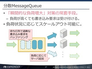 分散MessageQueue
• 「瞬間的な負荷増大」対策の常套手段。
 – 負荷が高くても書き込み要求は受け付ける。
• 負荷状況に応じてスケールアウト可能に。
  待ち行列で過剰な
  書き込み要求を
  バッファリング




                                 ・
                                 ・
             負荷に応じて              ・
             サーバ追加


                  27   All Rights Reserved,Copyright © 株式会社コスモルート 2011
 