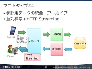 プロトタイプ#4
• 参照用データの統合・アーカイブ
• 並列検索＋HTTP Streaming


                               分散MQ
 Android
           送信前に
           ログ加工 APサーバ
                                                          Cassandra

                               並列検索


 Viewer       HTTP
              Streaming


                          29   All Rights Reserved,Copyright © 株式会社コスモルート 2011
 