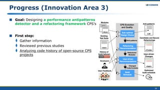 ■ Goal: Designing a performance antipatterns
detector and a refactoring framework CPS’s
■ First step:
⧫ Gather information
⧫ Reviewed previous studies
⧫ Analyzing code history of open-source CPS
projects
28
Progress (Innovation Area 3)
 