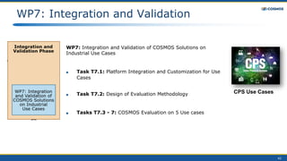 42
WP7: Integration and Validation
WP7: Integration and Validation of COSMOS Solutions on
Industrial Use Cases
■ Task T7.1: Platform Integration and Customization for Use
Cases
■ Task T7.2: Design of Evaluation Methodology
■ Tasks T7.3 - 7: COSMOS Evaluation on 5 Use cases
CPS Use Cases
 