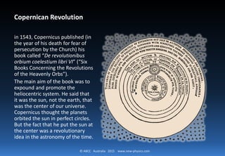 © ABCC Australia 2015 new-physics.com
Published upon Death
Copernicus was known for his great
contribution to science is his critical
reappraisal of the existing theories of
cosmology and the development of a
new model of the solar system.
In 1543, Copernicus published his
book called “De revolutionibus orbium
coelestium libri VI” (“Six Books
Concerning the Revolutions of the
Heavenly Orbs”). This was the year of
his death for fear of persecution by
the Church.
 