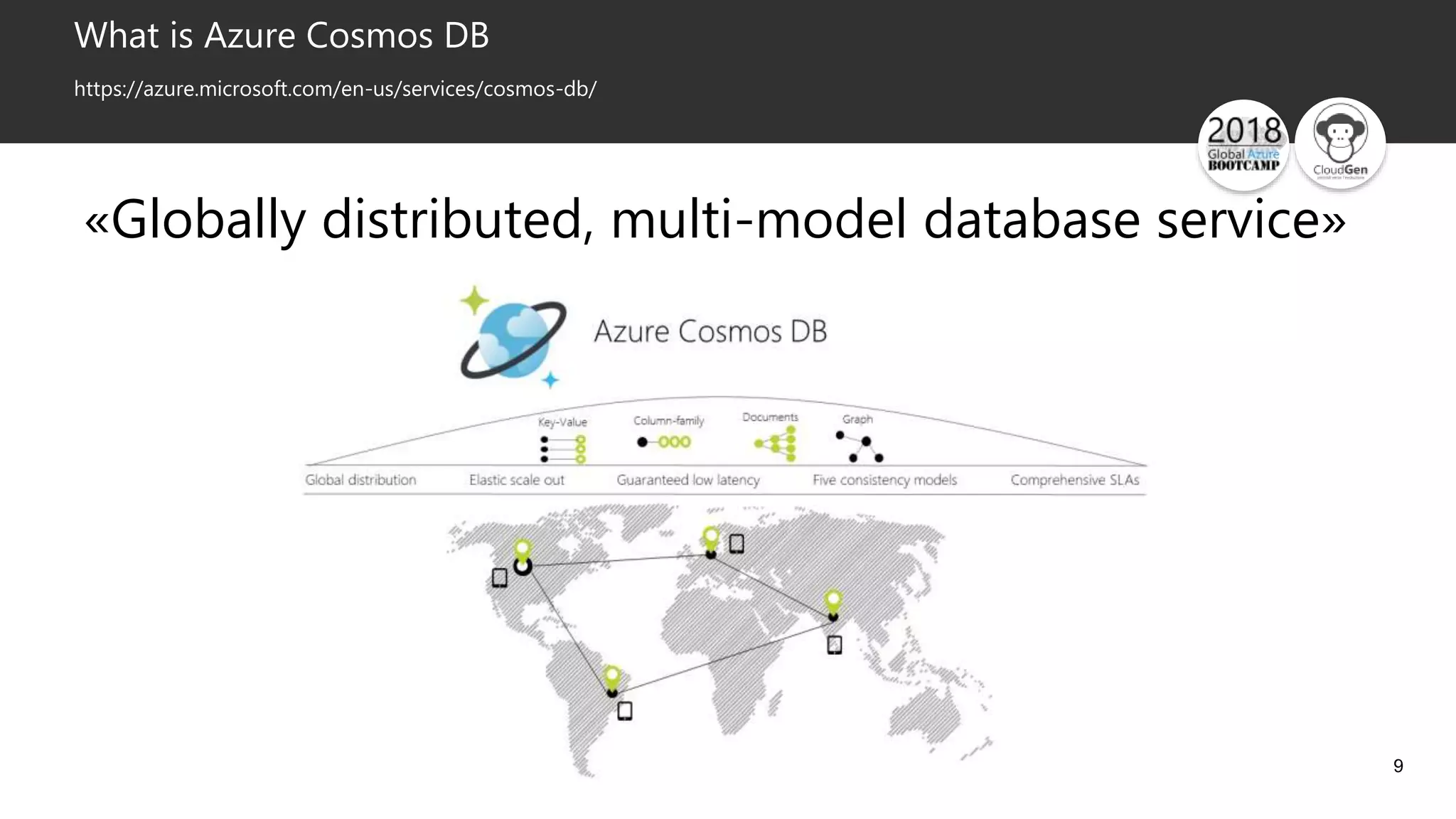9
What is Azure Cosmos DB
https://azure.microsoft.com/en-us/services/cosmos-db/
«Globally distributed, multi-model database service»
 