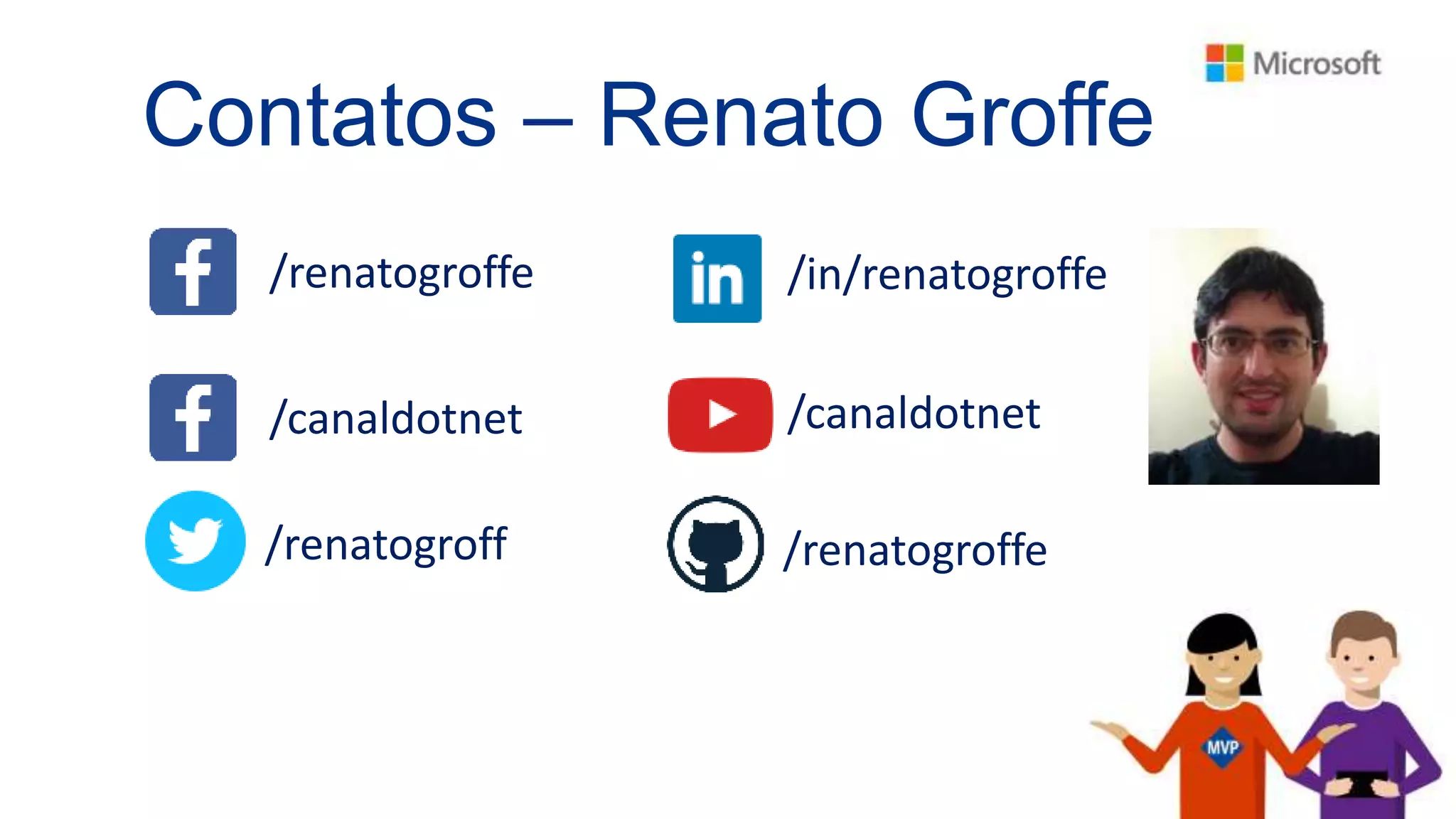 Contatos – Renato Groffe
/renatogroffe /in/renatogroffe
/canaldotnet
/renatogroffe
/canaldotnet
/renatogroff
 