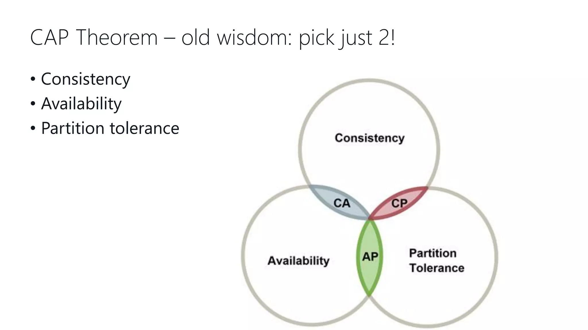 CAP Theorem – old wisdom: pick just 2! • Consistency • Availability • Partition tolerance 