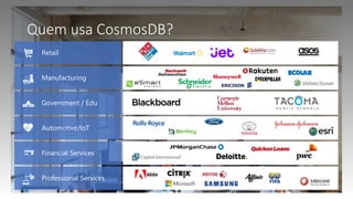 Quem usa CosmosDB?
Retail
Manufacturing
Government / Edu
Automotive/IoT
Financial Services
Professional Services
 