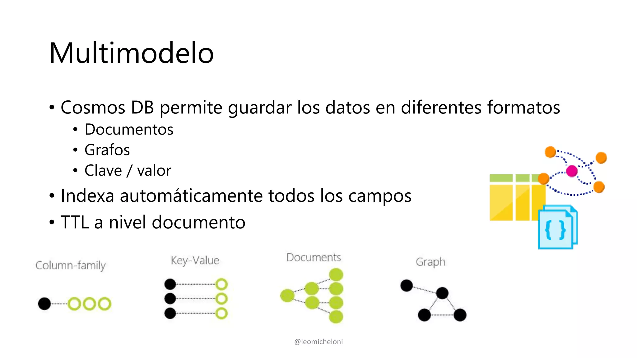 Multimodelo
• Cosmos DB permite guardar los datos en diferentes formatos
• Documentos
• Grafos
• Clave / valor
• Indexa automáticamente todos los campos
• TTL a nivel documento
@leomicheloni
 