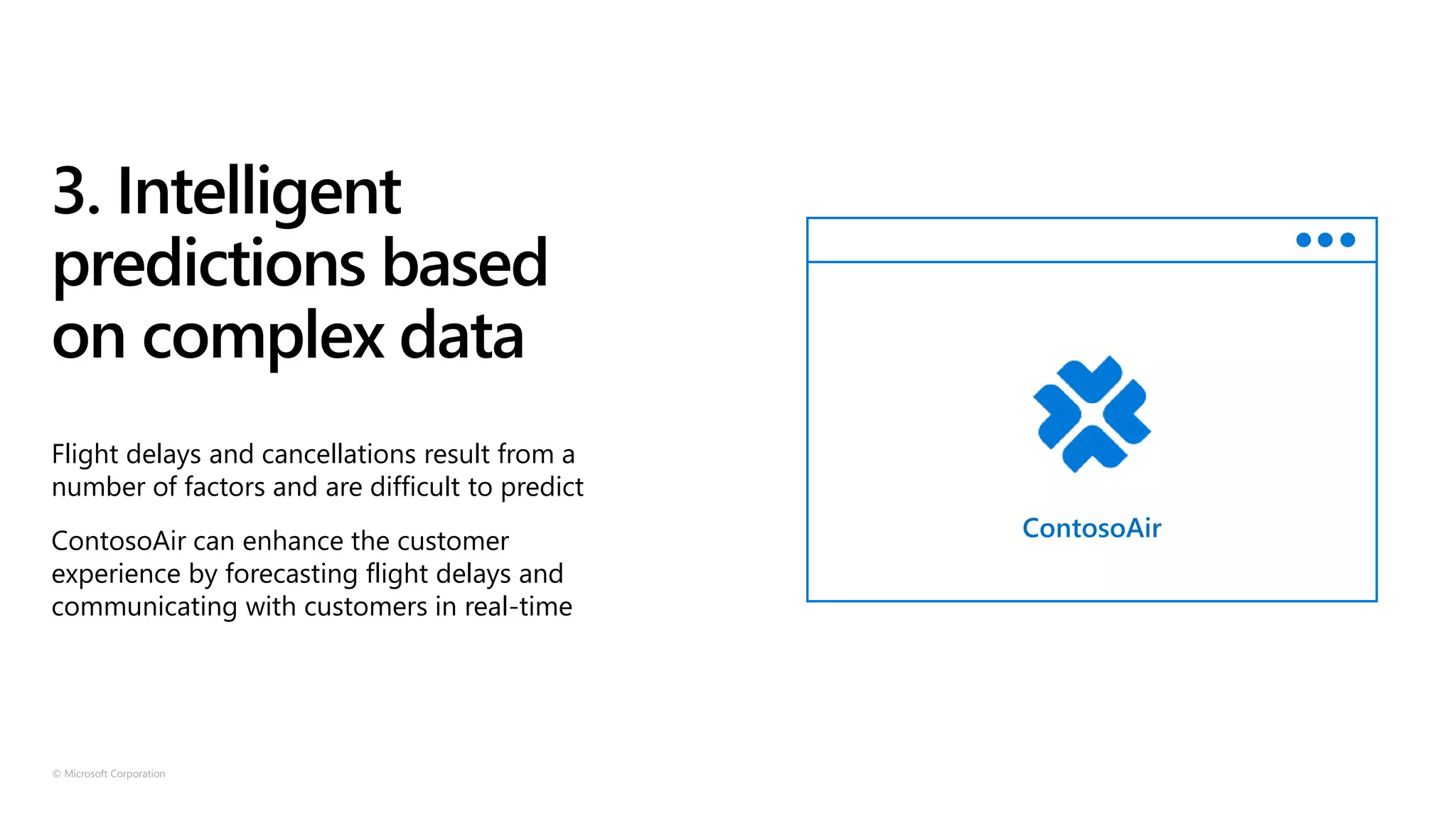 © Microsoft Corporation
3. Intelligent
predictions based
on complex data
Flight delays and cancellations result from a
number of factors and are difficult to predict
ContosoAir can enhance the customer
experience by forecasting flight delays and
communicating with customers in real-time
ContosoAir
 