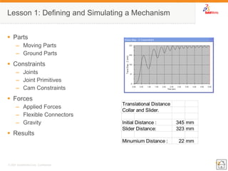 12 
© 2007 SolidWorks Corp. Confidential. 
Lesson 1: Defining and Simulating a Mechanism 
Parts 
–Moving Parts 
–Ground Parts 
Constraints 
–Joints 
–Joint Primitives 
–Cam Constraints 
Forces 
–Applied Forces 
–Flexible Connectors 
–Gravity 
Results 
Translational DistanceCollar and Slider. Initial Distance :345mmSlider Distance:323mmMinumium Distance :22mm  