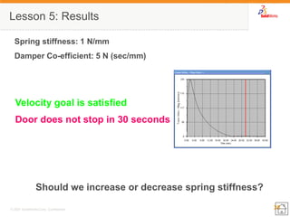 35 
© 2007 SolidWorks Corp. Confidential. 
Lesson 5: Results 
Velocity goal is satisfied 
Door does not stop in 30 seconds 
Should we increase or decrease spring stiffness? 
Spring stiffness: 1 N/mm 
Damper Co-efficient: 5 N (sec/mm)  