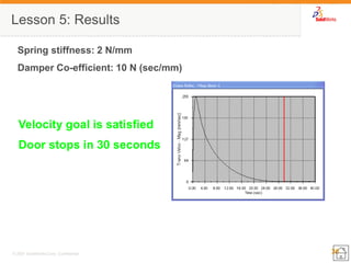 36 
© 2007 SolidWorks Corp. Confidential. 
Lesson 5: Results 
Velocity goal is satisfied 
Door stops in 30 seconds 
Spring stiffness: 2 N/mm 
Damper Co-efficient: 10 N (sec/mm)  