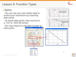 64 
© 2007 SolidWorks Corp. Confidential. 
Lesson 9: Function Types 
 Spline 
–You can use your own motion data to control your mechanism by importing data points. 
–To import data points, they must be in a .TXT or .CSV file format. 
–You may import an unlimited number of data points. 
-20 
0 
20 
40 
60 
80 
100 
0 
1 
2 
3 
4 
Overshoot 
0 
20 
40 
60 
80 
100 
0 
1 
2 
3 
4 
Data Points  