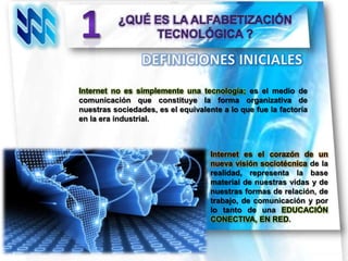 Internet no es simplemente una tecnología; es el medio de
comunicación que constituye la forma organizativa de
nuestras sociedades, es el equivalente a lo que fue la factoría
en la era industrial.



                                    Internet es el corazón de un
                                    nueva visión sociotécnica de la
                                    realidad, representa la base
                                    material de nuestras vidas y de
                                    nuestras formas de relación, de
                                    trabajo, de comunicación y por
                                    lo tanto de una EDUCACIÓN
                                    CONECTIVA, EN RED.
 