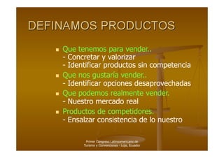   Que tenemos para vender..
   - Concretar y valorizar
   - Identificar productos sin competencia
  Que nos gustaría vender..
   - Identificar opciones desaprovechadas
  Que podemos realmente vender.
   - Nuestro mercado real
  Productos de competidores.
   - Ensalzar consistencia de lo nuestro

         Primer Congreso Latinoamericano de
        Turismo y Convenciones - Loja, Ecuador
 